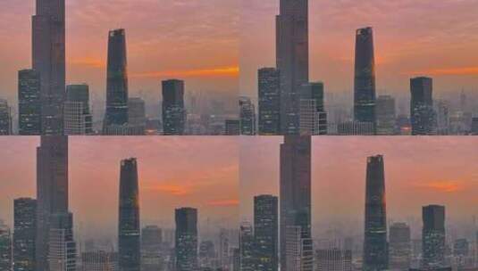 珠江新城天际线日落航拍高清在线视频素材下载