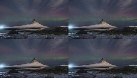 冰岛冬季冰湖斯奈山半岛草帽山极光延时高清在线视频素材下载
