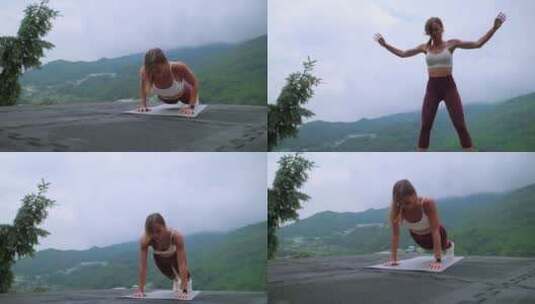 女人在自然锻炼中做俯卧撑和跳跃训练呼吸和高清在线视频素材下载