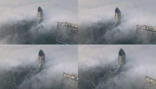 无人机航拍杭州钱江新城平流雾高清在线视频素材下载