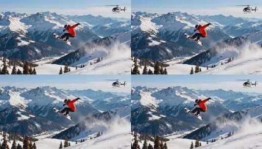 雪山滑雪者空中飞跃画面高清在线视频素材下载