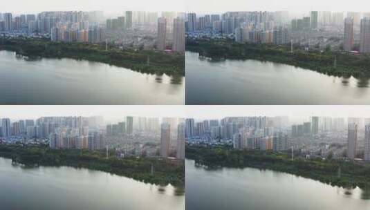 4k航拍俯瞰城市风光绿化河流公园高清在线视频素材下载