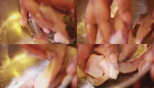 不锈钢盆用葱姜料酒腌制鱼肉去腥高清在线视频素材下载