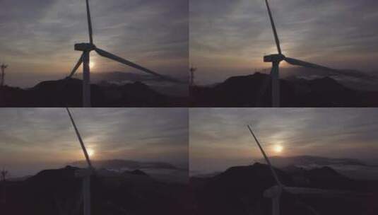 大风车，云海，日出山顶航拍高清在线视频素材下载