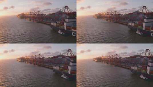 夕阳下港口货轮航拍高清在线视频素材下载