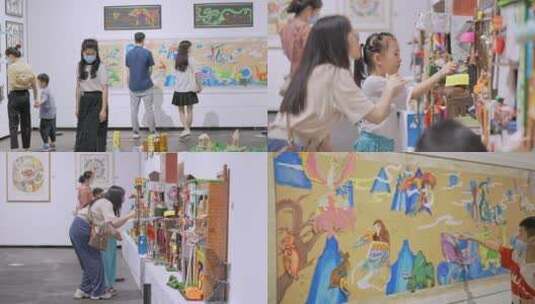亲子参观少年儿童美术展画展合集高清在线视频素材下载