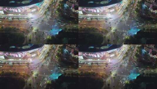 义乌吾悦广场城市十字路口夜景车流风光航拍高清在线视频素材下载