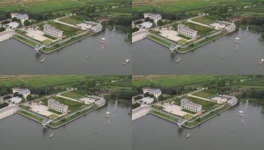航拍威海临港区的郭格庄水库管理站高清在线视频素材下载