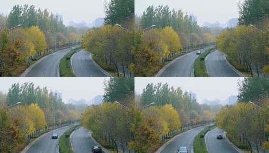 升格实拍北京五彩的秋天蜿蜒曲折的公路汽车高清在线视频素材下载