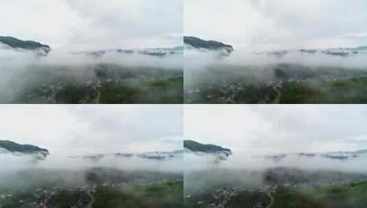航拍晨雾下乡村田野河流2高清在线视频素材下载