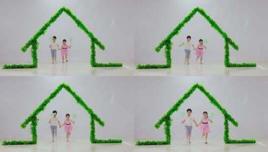 绿色房子下的快乐儿童高清在线视频素材下载