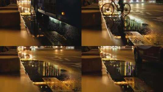 公交车路边下雨积水夜晚倒影高清在线视频素材下载