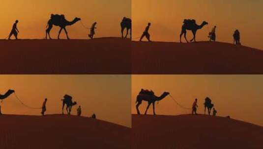 人牵着骆驼在沙漠上行走高清在线视频素材下载