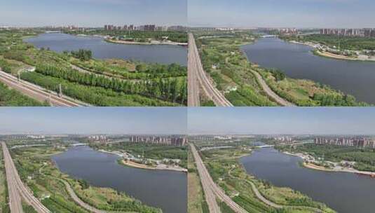 淄博孝妇河湿地公园航拍高清在线视频素材下载