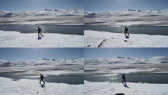 冰河边行走的人高清在线视频素材下载