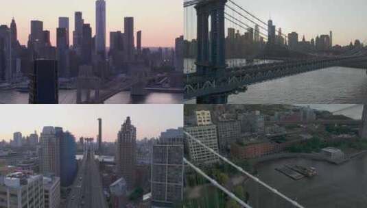 城市航拍纽约布鲁克林大桥日落摩天大楼汽车高清在线视频素材下载