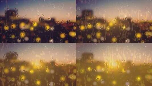夜晚，雨水滴落在玻璃上，外面是城市高清在线视频素材下载