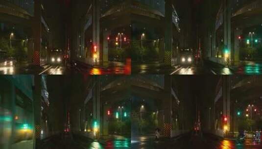 城市立交桥轻轨交通车辆路口雨夜高清在线视频素材下载