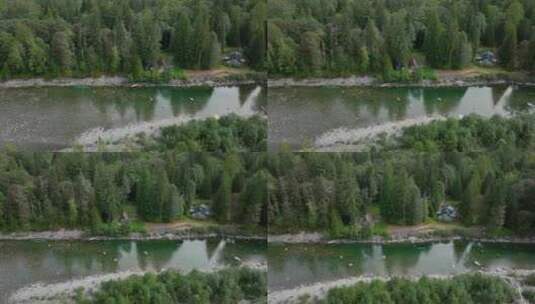 华盛顿州一条河流经过小屋的鸟瞰图。高清在线视频素材下载