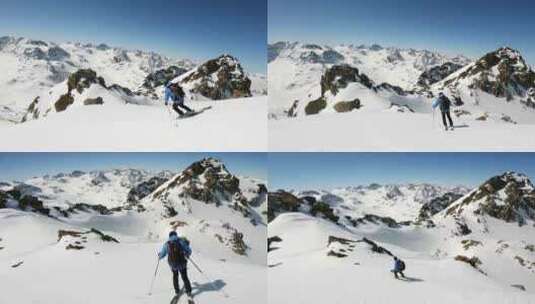 带滑雪向导的高山山区穷乡僻壤滑雪之旅。滑雪旅行下坡滑雪i高清在线视频素材下载