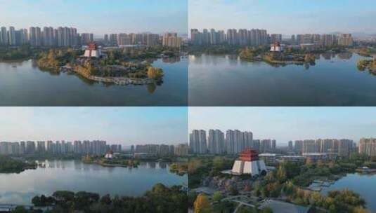 2023城市风光枣庄东湖鲁南水城航拍纪录片段高清在线视频素材下载