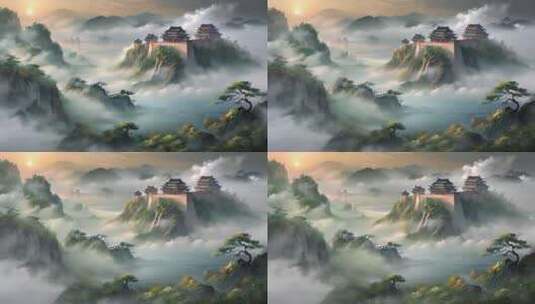 中国传统水墨山水长城云雾缥缈高清在线视频素材下载