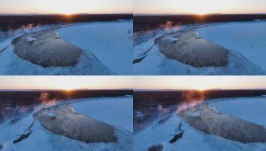 呼伦贝尔冬天自然风光湿地不冻河雪景高清在线视频素材下载