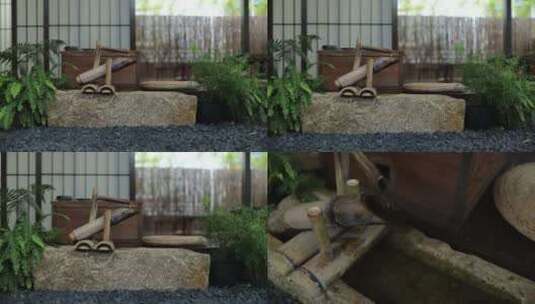 传统竹制喷泉与雨滴日式园林风格高清在线视频素材下载