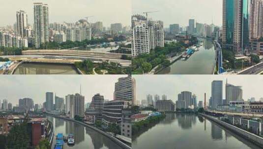 上海城市苏州河沿岸航拍高清在线视频素材下载