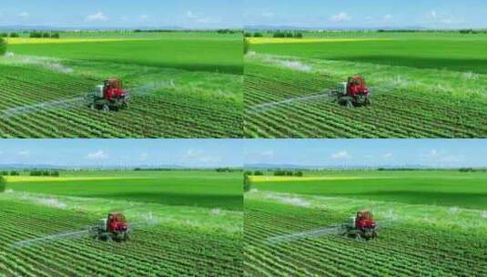 航拍农机在田间喷洒农药高清在线视频素材下载