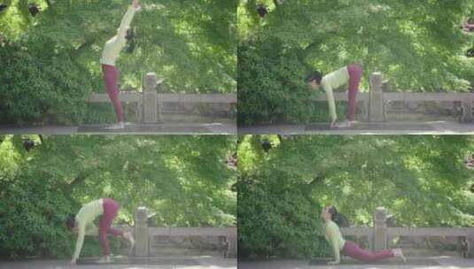瑜伽普拉提公园瑜伽教练 瑜伽拉伸高清在线视频素材下载