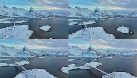 挪威罗弗敦群岛北极圈雷纳冬季雪景高空航拍高清在线视频素材下载