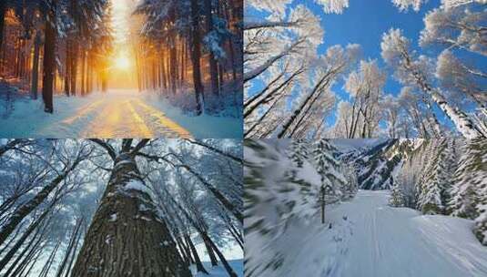 4K冬天树林冬季风景冬日逆光雪景高清在线视频素材下载