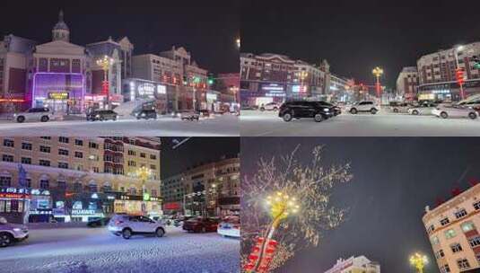 东北小城雪夜灯光街景行人高清在线视频素材下载