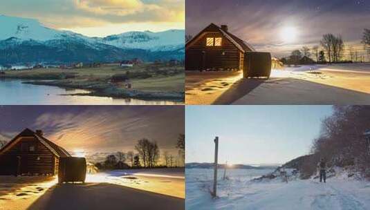 雪夜木屋月光下风景高清在线视频素材下载