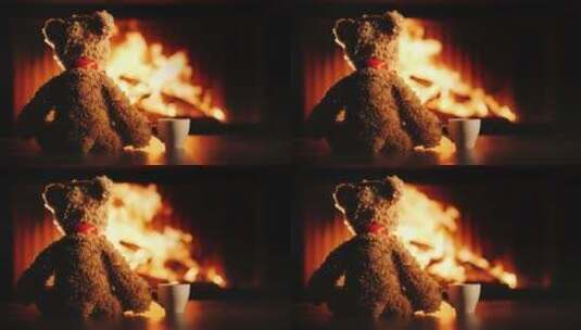 壁炉旁的小熊玩偶高清在线视频素材下载