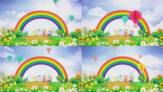 卡通彩虹气球鲜花草地背景视频高清在线视频素材下载