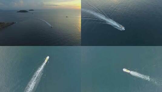 海岛旅游视频海面上前行快艇游船金色落日高清在线视频素材下载