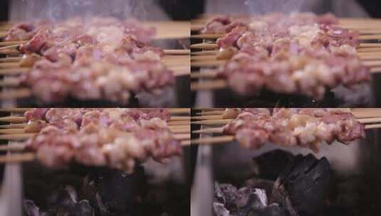 炭火烤炉明炉烧烤冒烟烤肉羊肉串高清在线视频素材下载