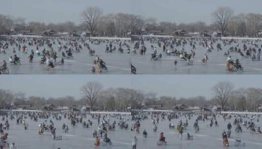 北京什刹海冰场冬季滑冰北方冰车高清在线视频素材下载