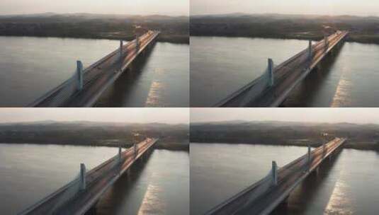航拍永州的九疑大桥拉索桥梁黄昏美景4K高清在线视频素材下载