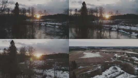 冬季平原森林湖水阳光航拍高清在线视频素材下载