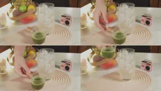 抹茶倒入椰子水抹茶椰汁拿铁高清在线视频素材下载