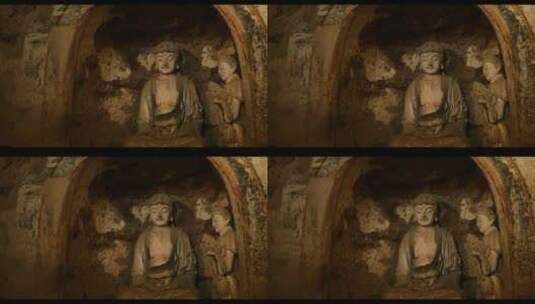 天水麦积山石窟洞窟泥塑佛像高清在线视频素材下载
