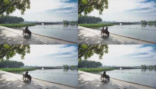杭州西湖边川流不息的游客延时高清在线视频素材下载
