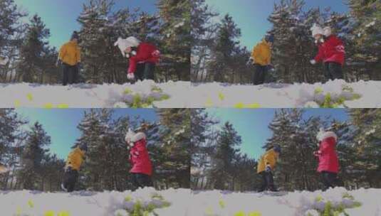 快乐儿童在雪地里打雪仗高清在线视频素材下载