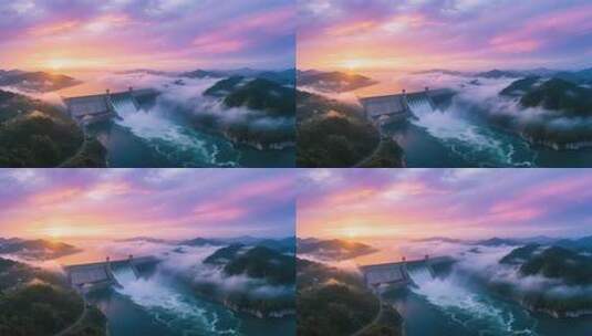 航拍云雾缭绕下的长江三峡大坝日出壮丽延时高清在线视频素材下载