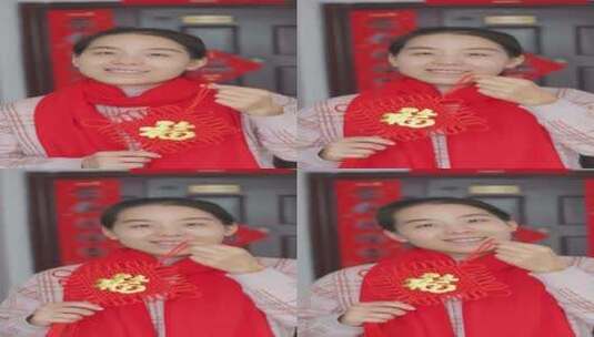 亚洲中国人女性家门口拜年新年快乐高清在线视频素材下载