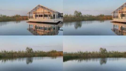 夕阳苏州同里湿地公园旁的民宿水上建筑横版高清在线视频素材下载