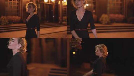 美丽性感的女人走在夜间城市街道高清在线视频素材下载